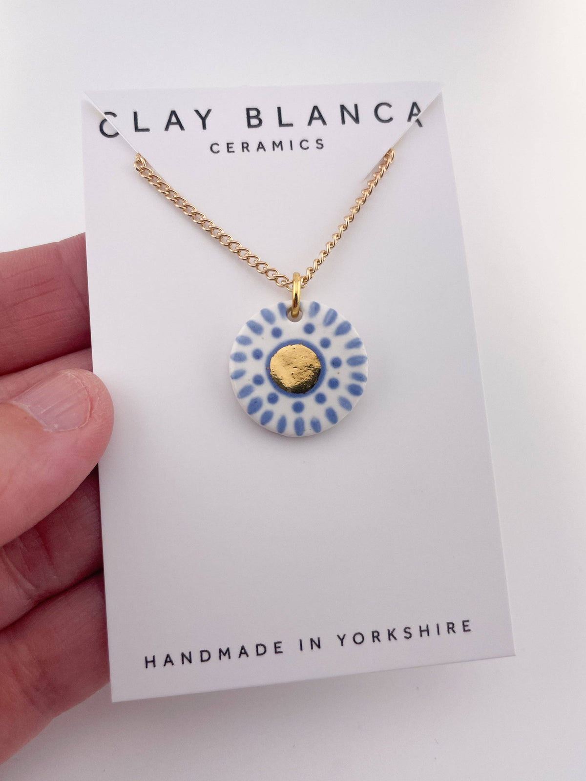 Hand Painted Sky Blue Dot Pendant with gold centre