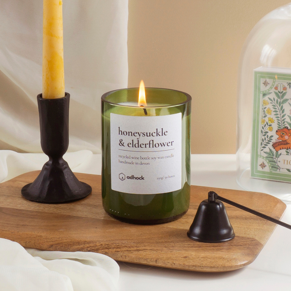 Upcycled Wine Bottle Candle - Honeysuckle & Elderflower: Honeysuckle & Elderflower / Brown