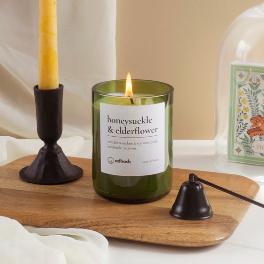 Upcycled Wine Bottle Candle - Honeysuckle & Elderflower: Honeysuckle & Elderflower / Brown
