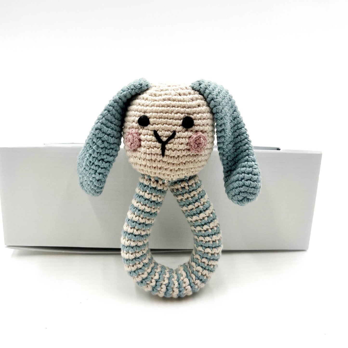 Crochet Baby Ring Bunny rattle duck egg blue