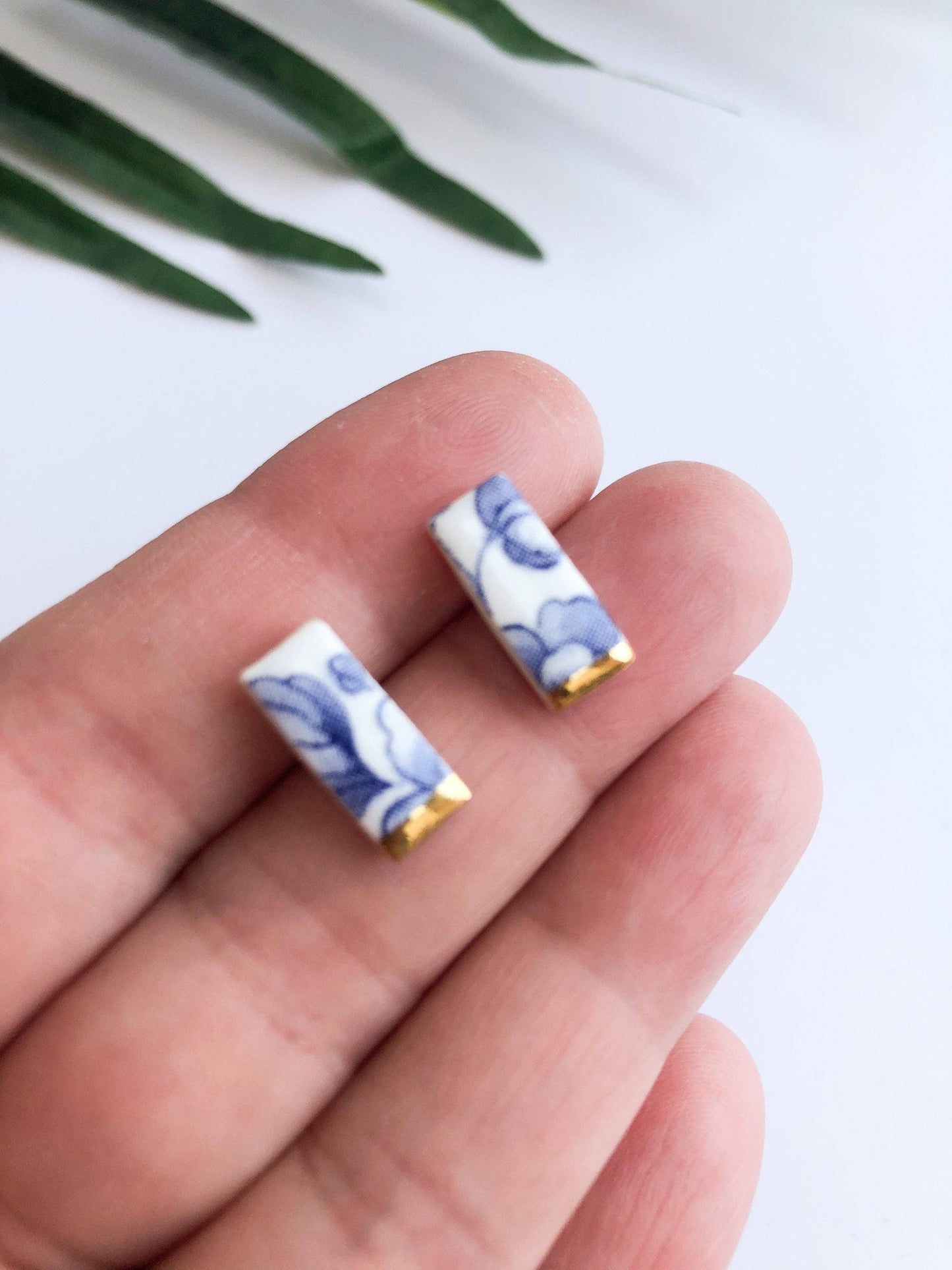 Blue China Stick Rectangle Stud earrings with gold tips