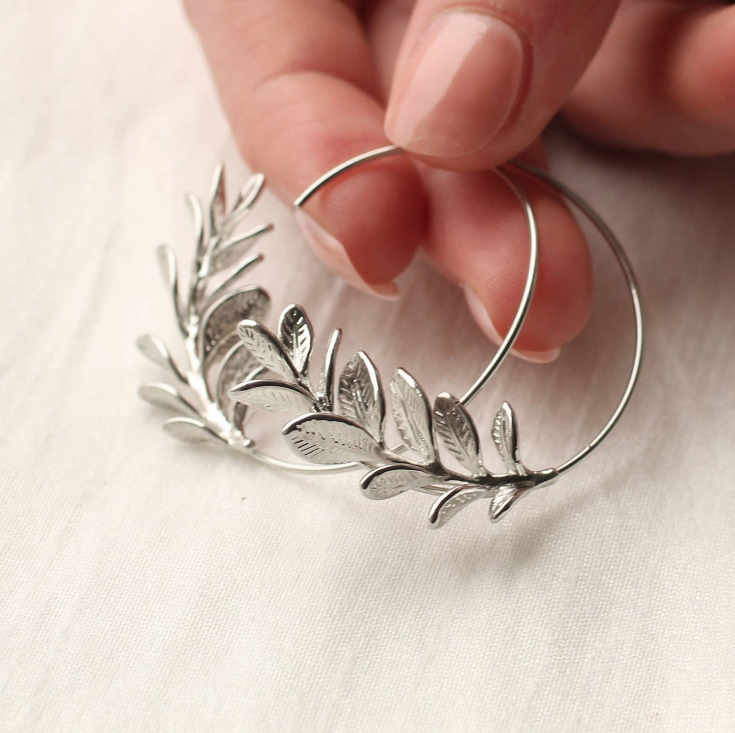 Rosemary Botanical Leaf Hoop Earrings : Silver