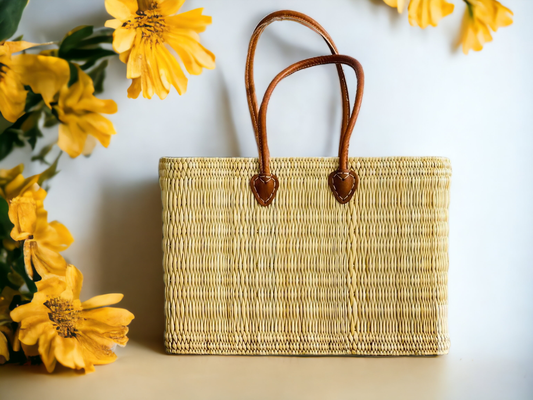 Reed Storage baskets - Straw Moroccan Basket With Leather: Brown / Small
