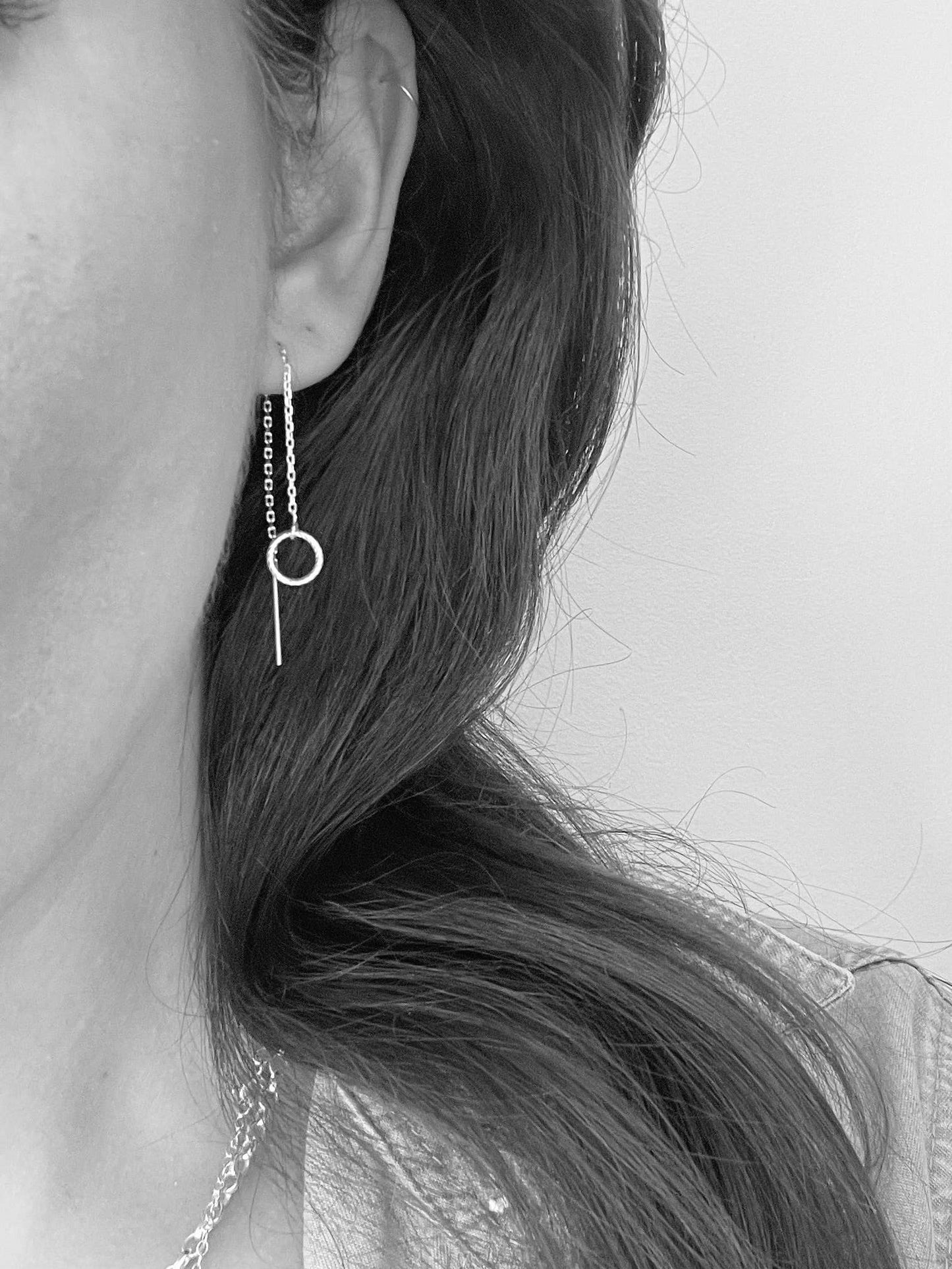 Circle chain threader earrings, sterling silver