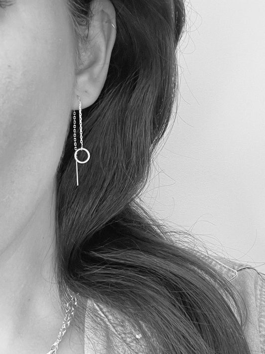Circle chain threader earrings, sterling silver