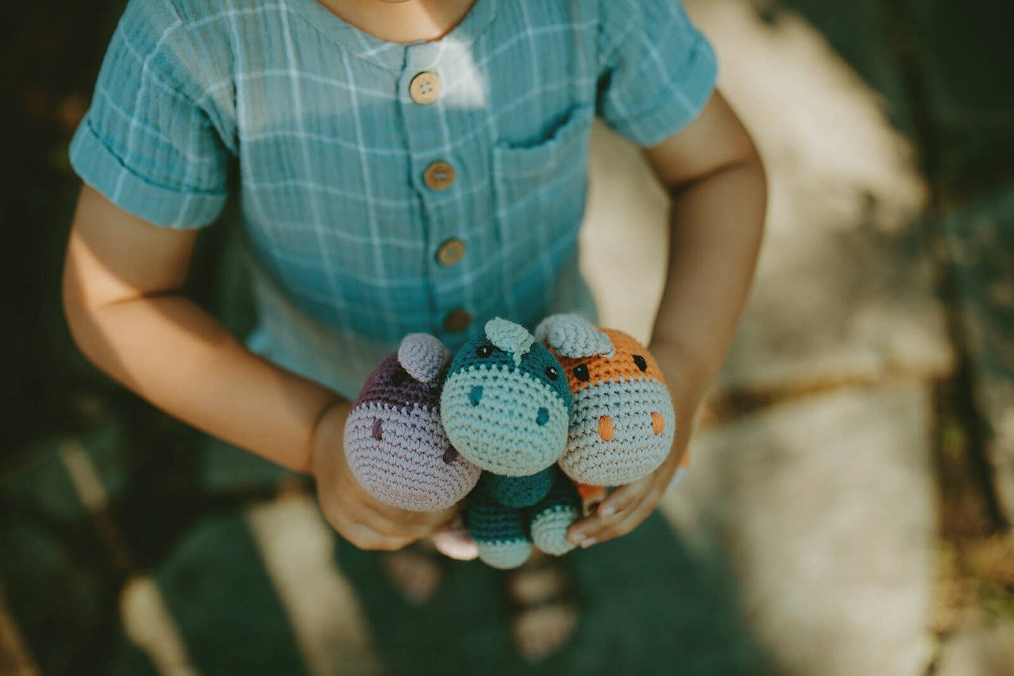 Crochet Baby Toy Dinosaur rattle-stagger teal