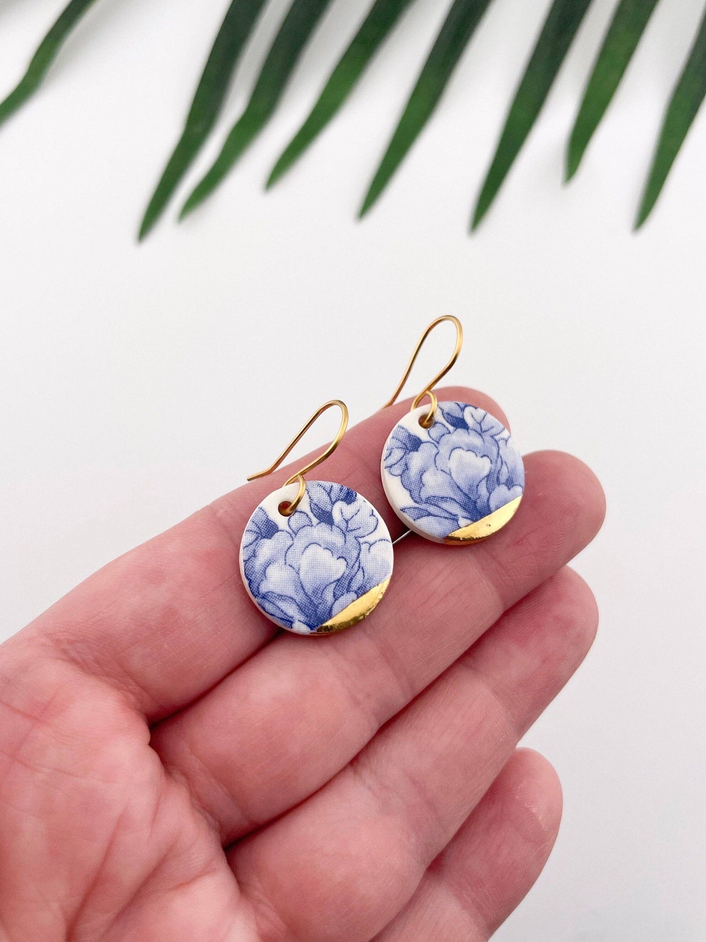 Blue China Large Round Dangle earrings with gold tips