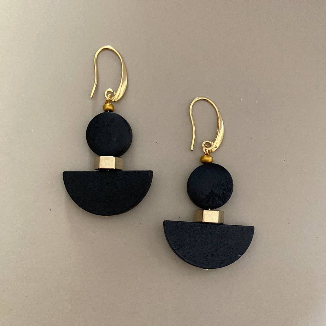 Gist Lightweight statement earrings, painted wood and gold plated hematite