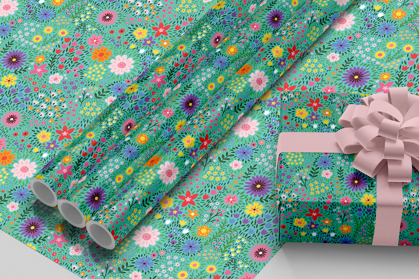 Teal Ditsy Floral Wrapping Paper, Gift Wrap