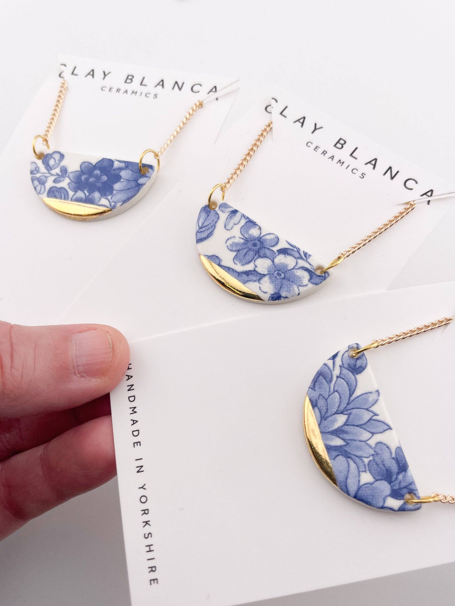 Blue China Semi Circle Pendant necklace with gold tip