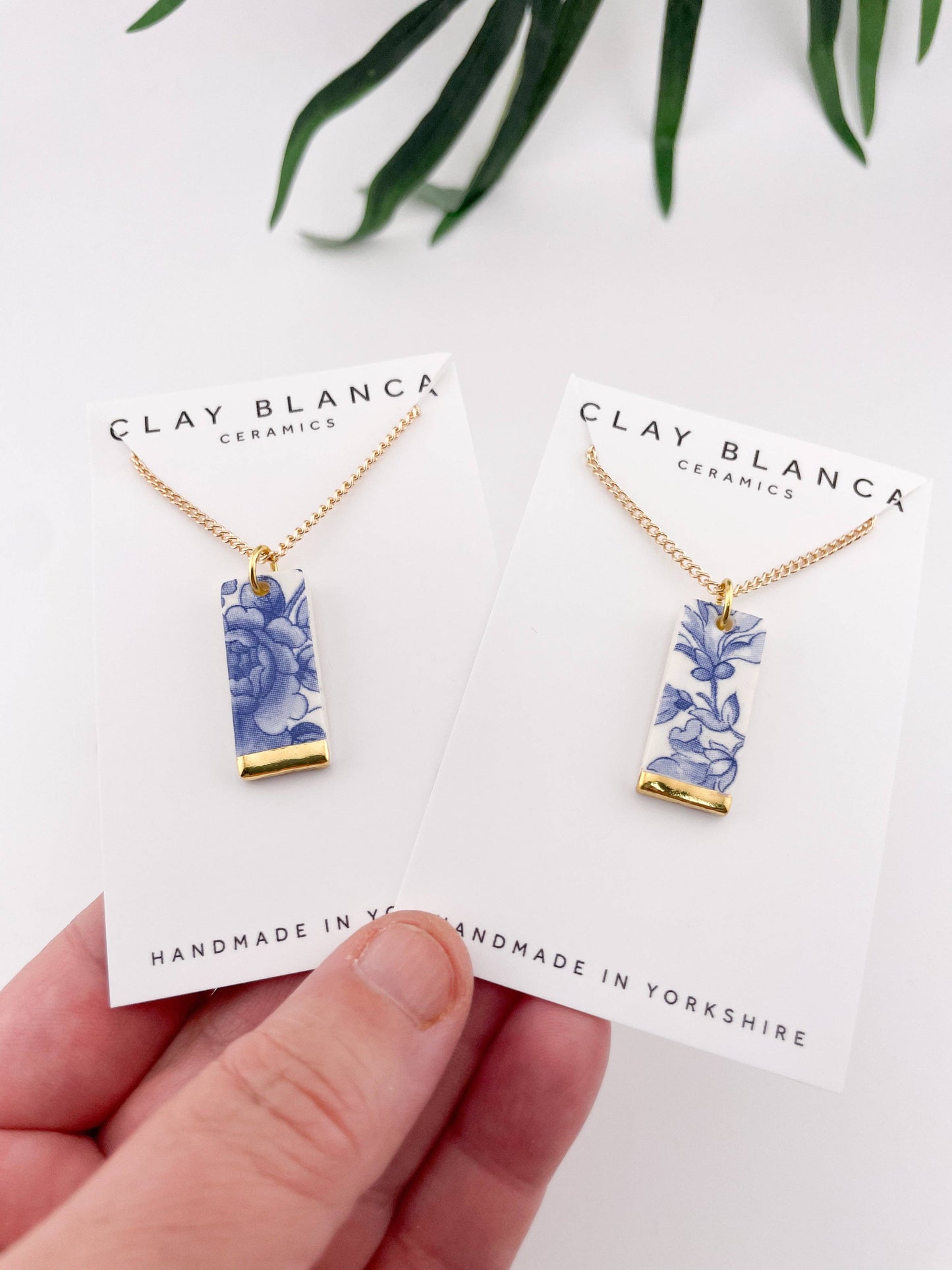 Blue China Wide Rectangle Pendant necklace with gold tip