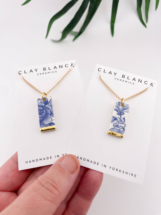 Blue China Wide Rectangle Pendant necklace with gold tip