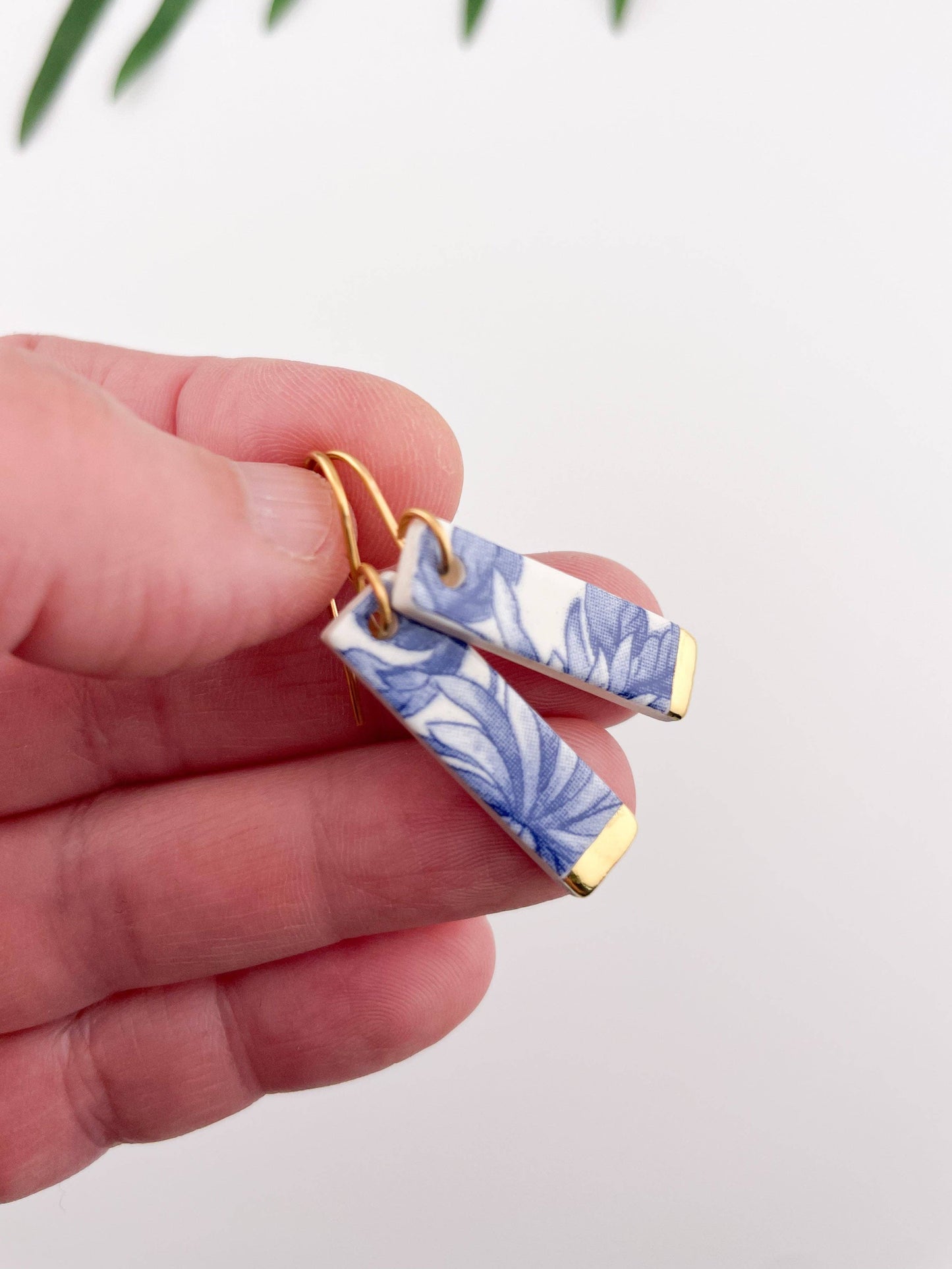 Blue China Slim Rectangle Dangle earrings with gold tips