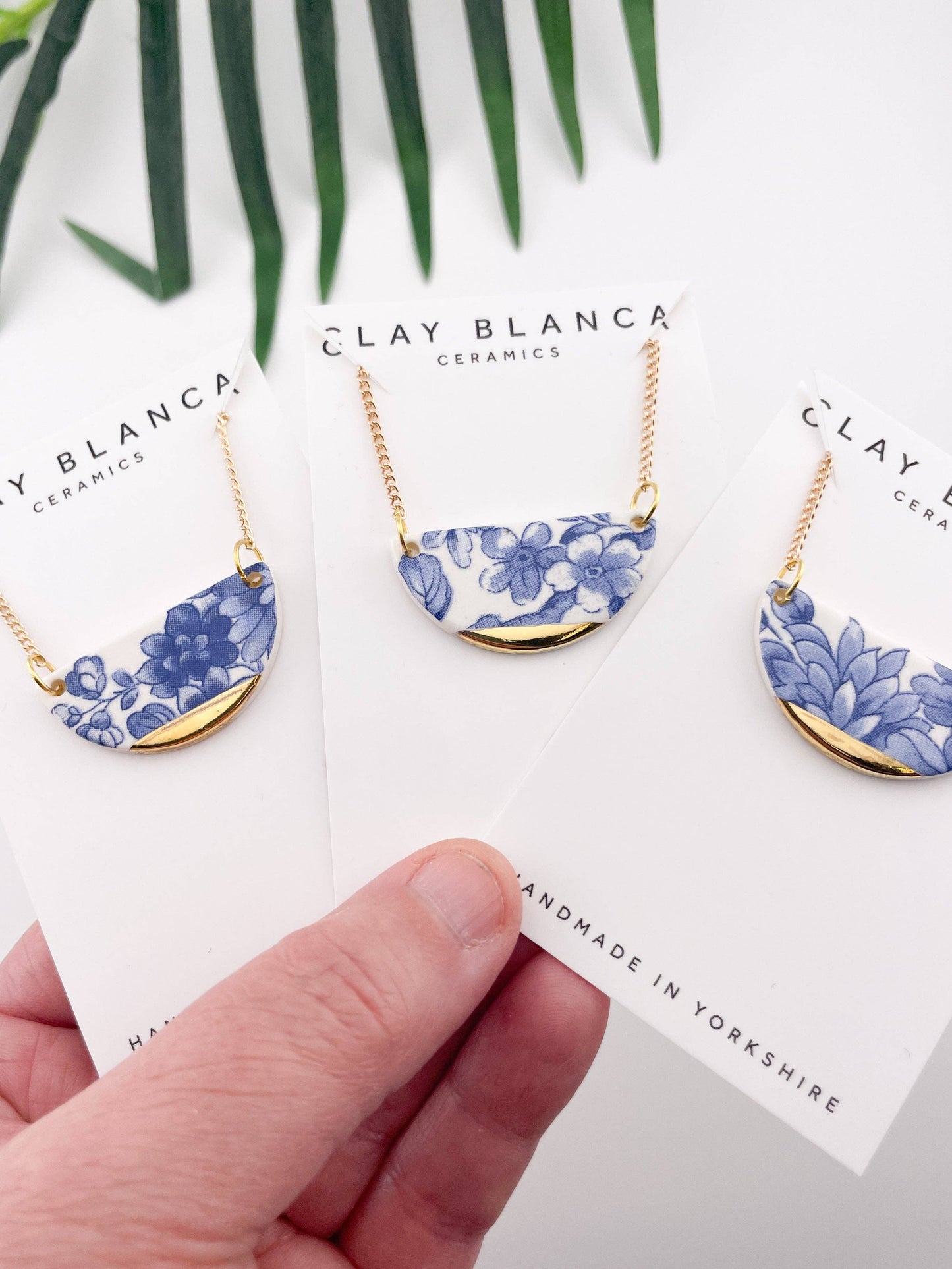 Blue China Semi Circle Pendant necklace with gold tip