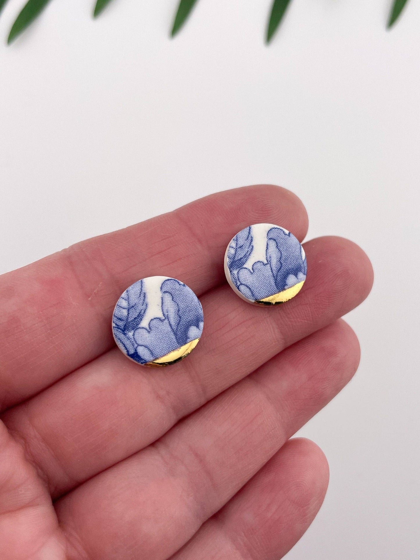 Blue China Small Round Stud earrings with gold tips