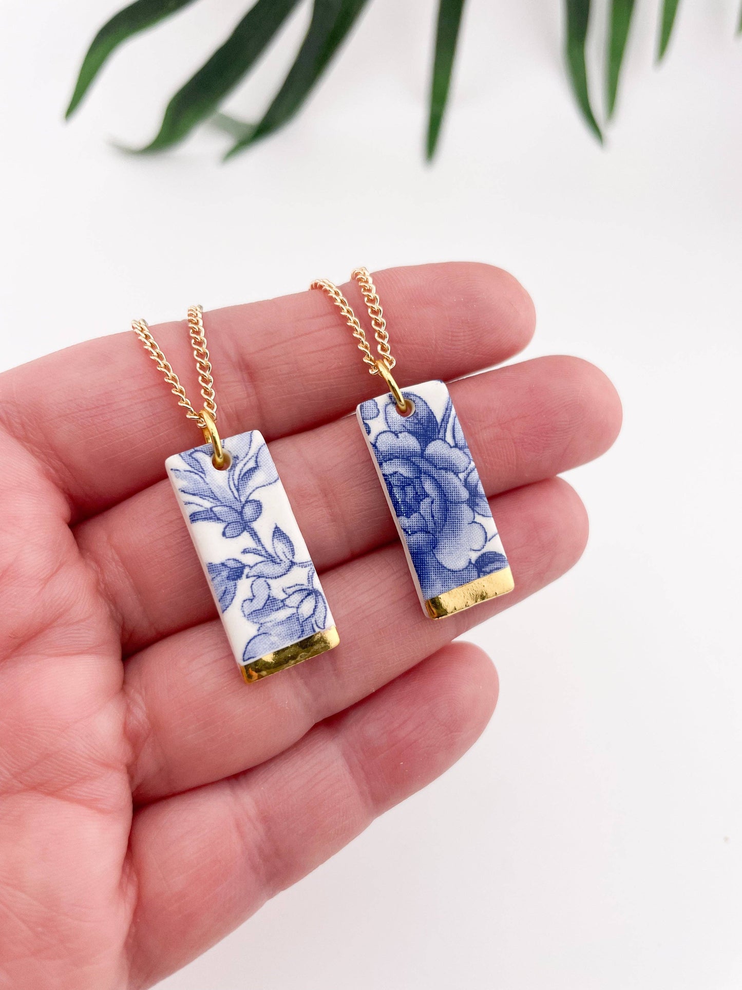 Blue China Wide Rectangle Pendant necklace with gold tip