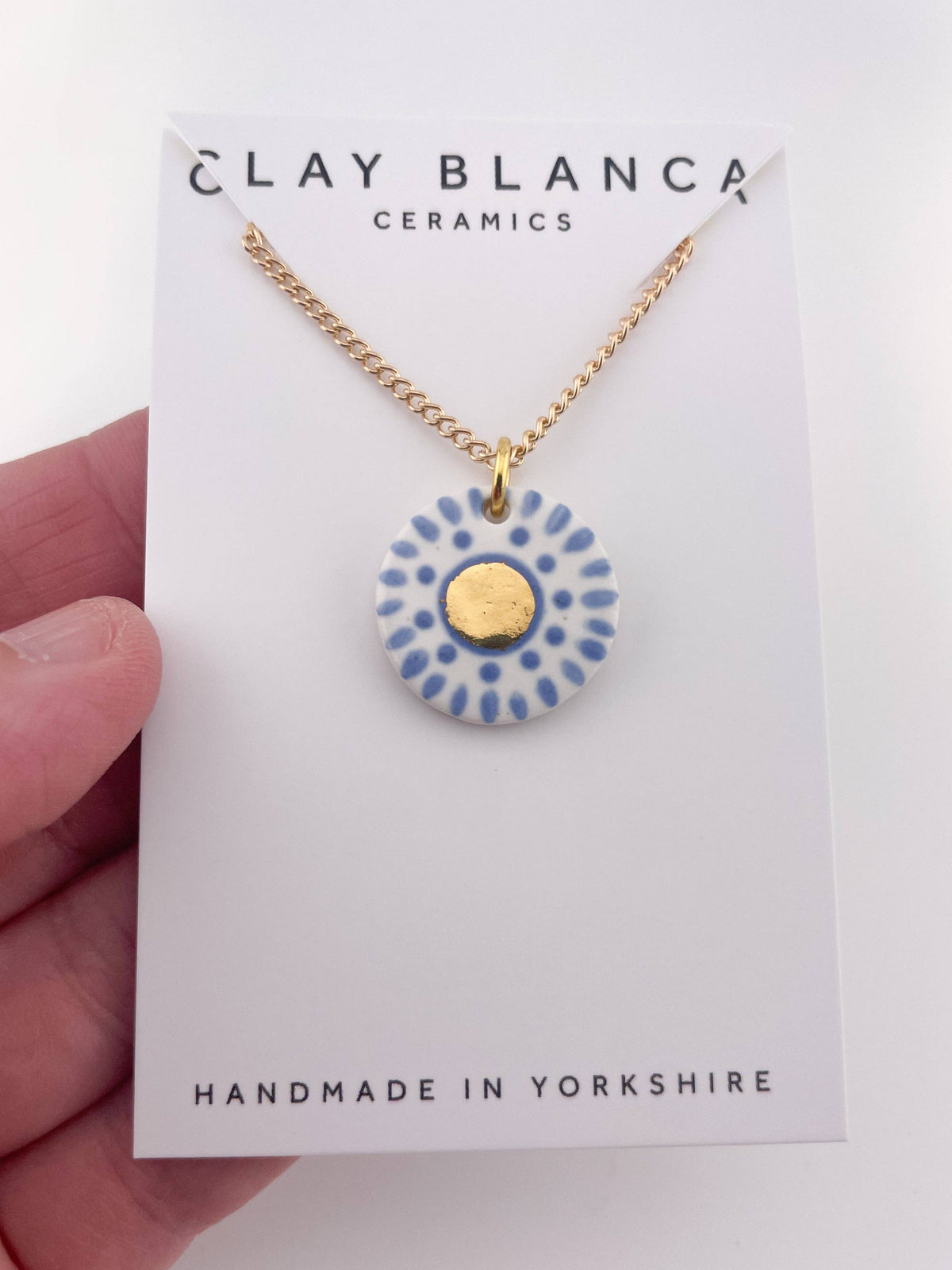 Hand Painted Sky Blue Dot Pendant with gold centre