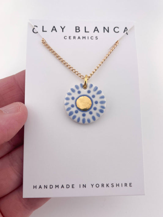 Hand Painted Sky Blue Dot Pendant with gold centre