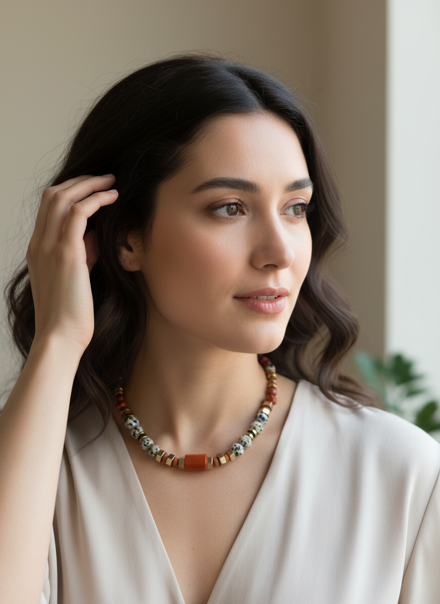 Gist - Dalmatian Jasper & Sandstone barrel necklace