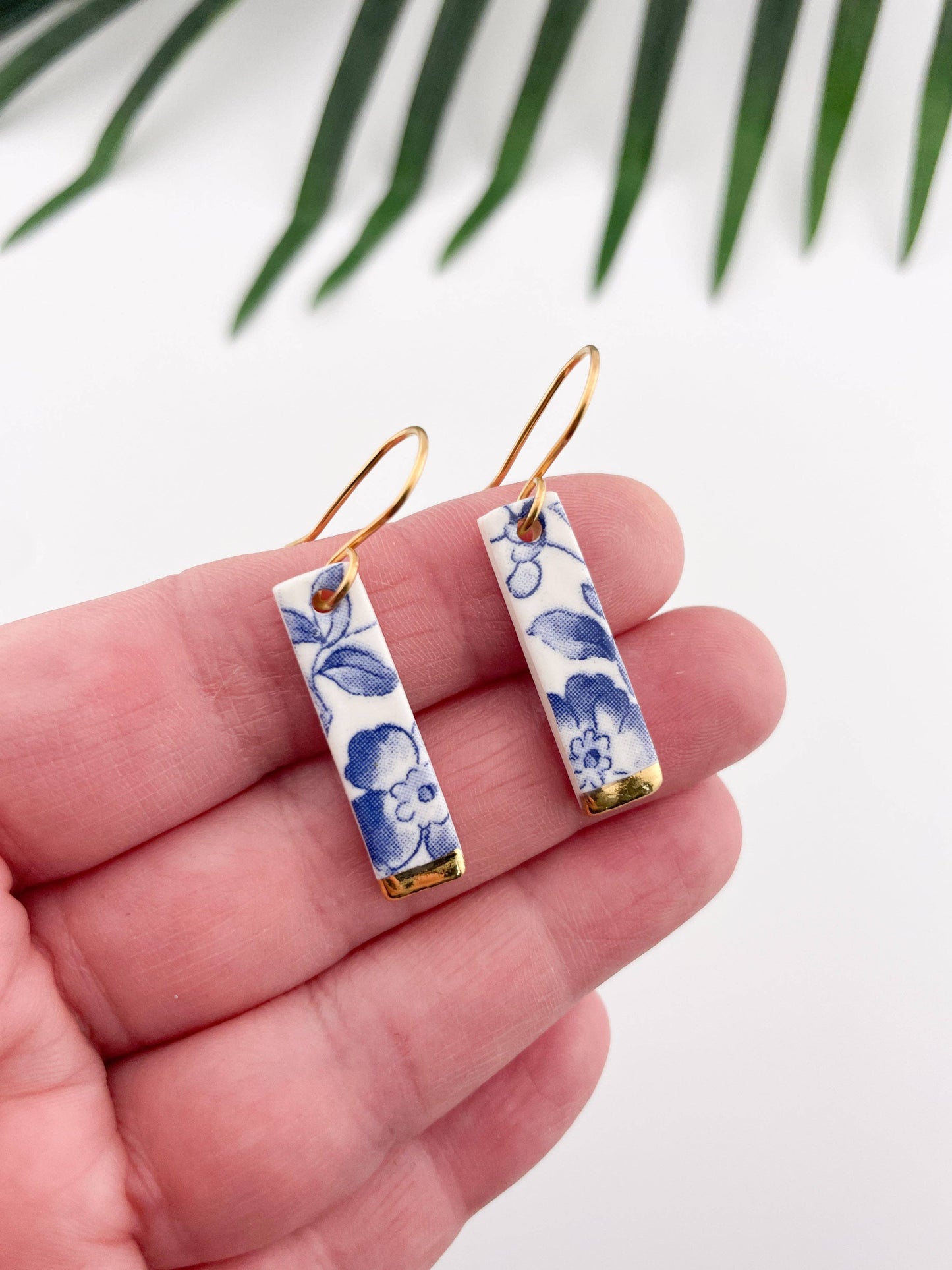 Blue China Slim Rectangle Dangle earrings with gold tips