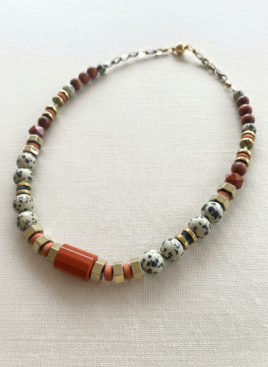 Gist - Dalmatian Jasper & Sandstone barrel necklace