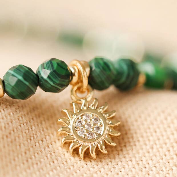 Malachite & Aqua Semi-Precious Stone Bracelet with Sun Charm
