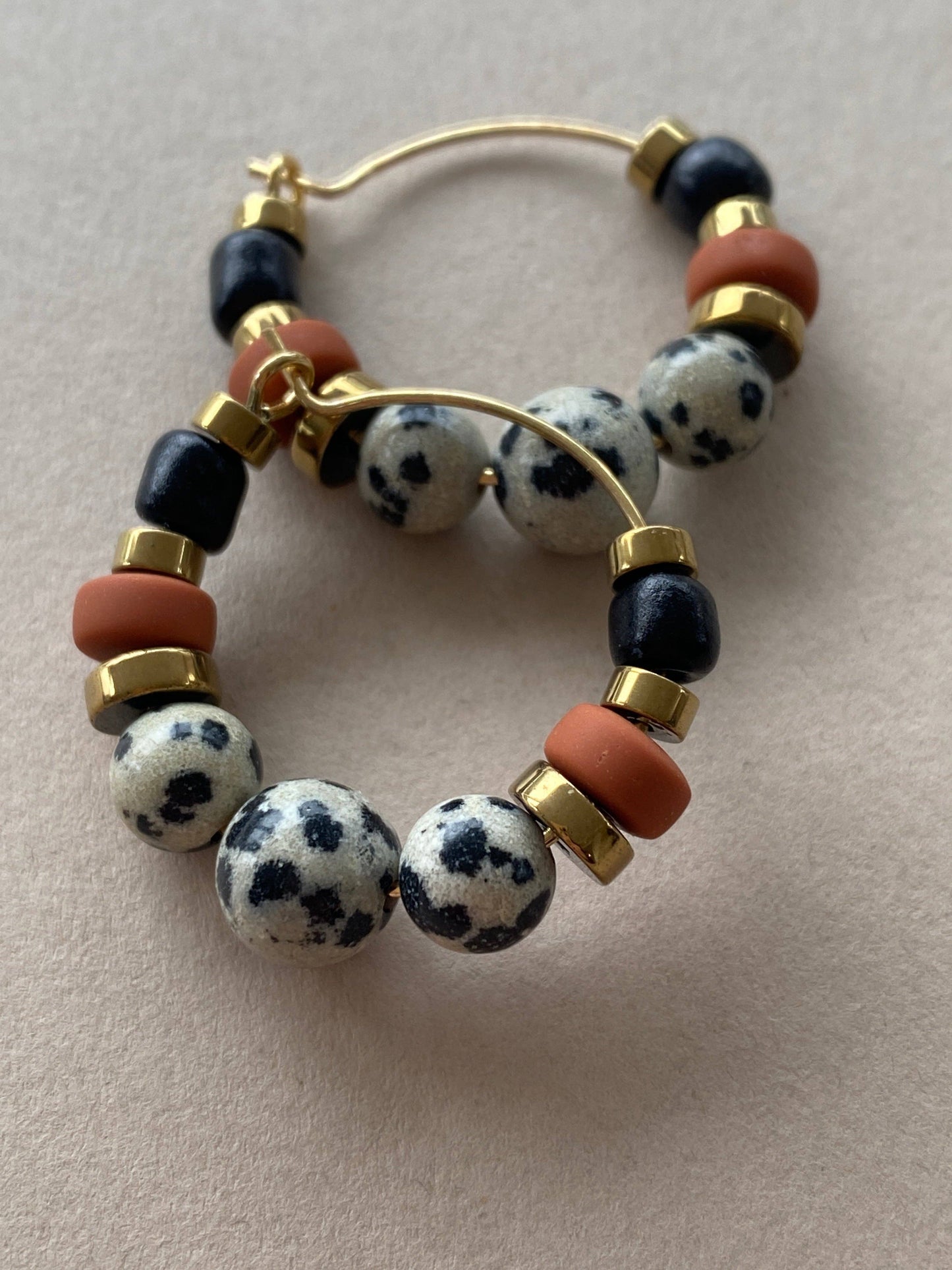 Gist Dalmatian Jasper & Sandstone barrel Hoop Earrings