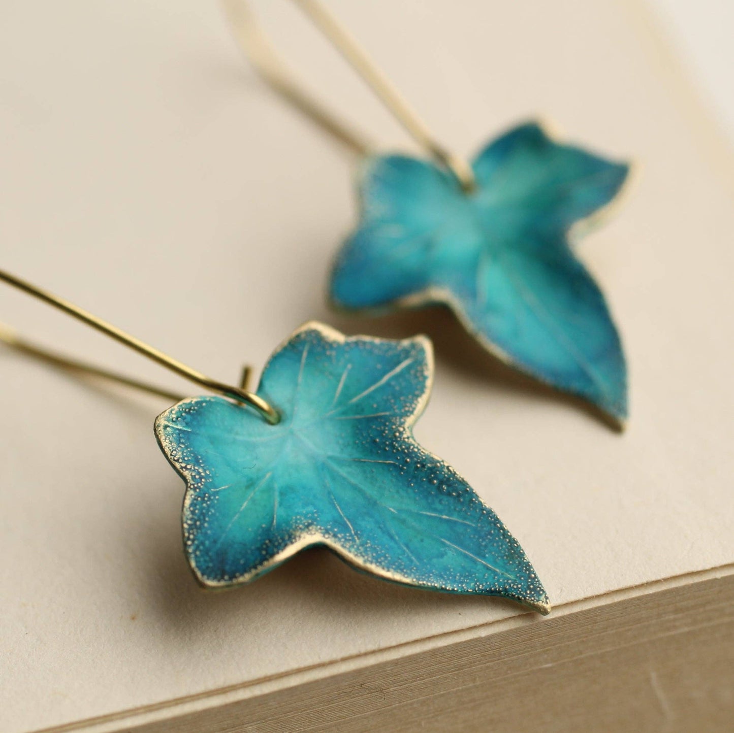 Peacock Ivy Leaf Earrings: Short / Glazed
