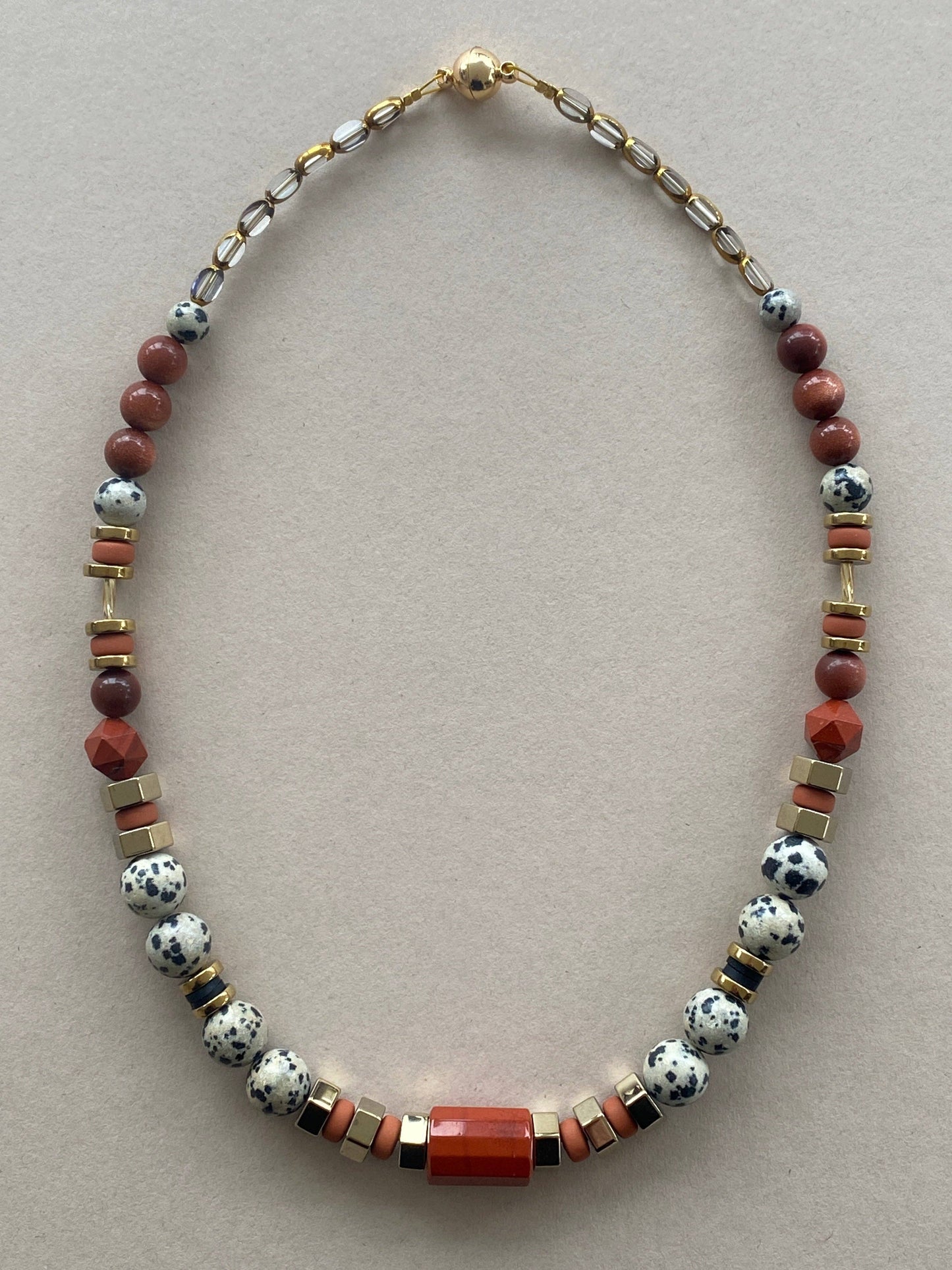 Gist - Dalmatian Jasper & Sandstone barrel necklace