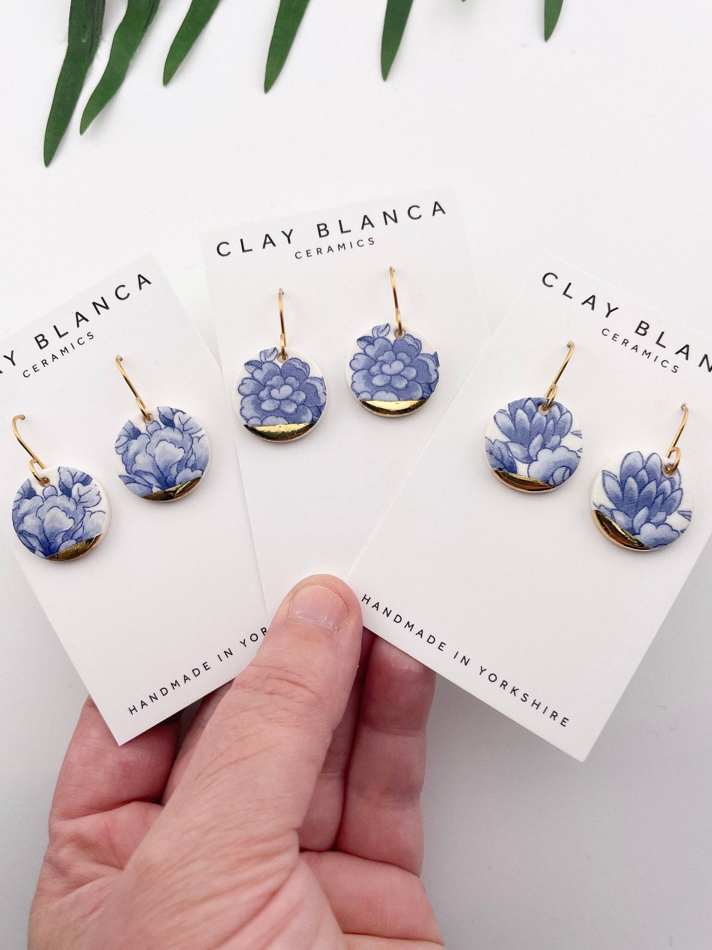 Blue China Large Round Dangle earrings with gold tips