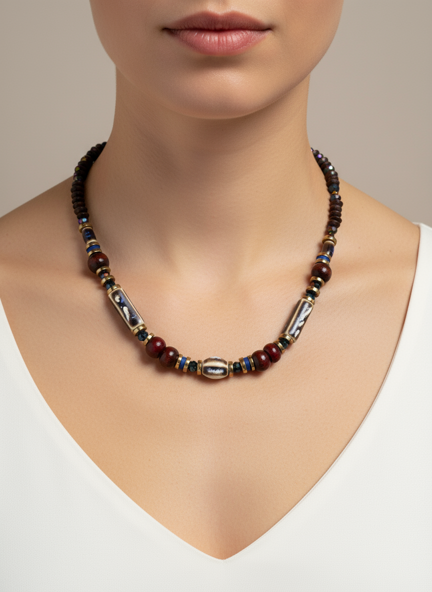 Gist Porcelain, coconut, dyed wood, clay and crystal necklace