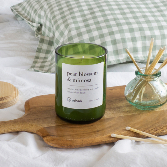 Upcycled Wine Bottle Candle - Pear Blossom & Mimosa: Green