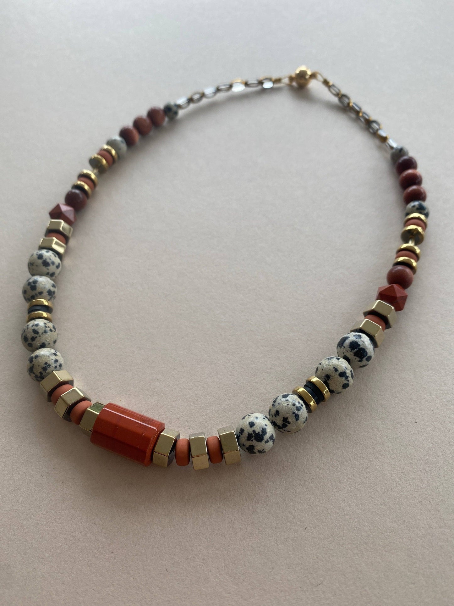 Gist - Dalmatian Jasper & Sandstone barrel necklace