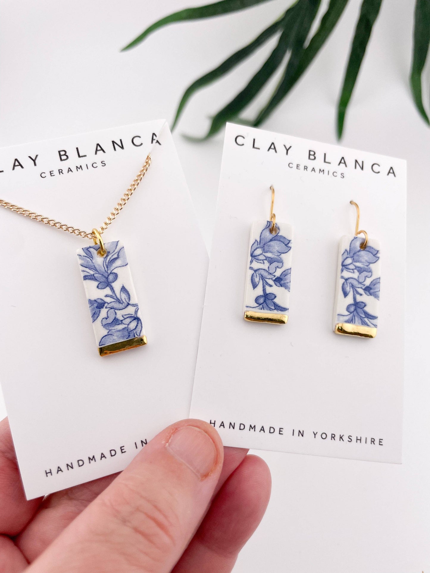 Blue China Wide Rectangle Pendant necklace with gold tip