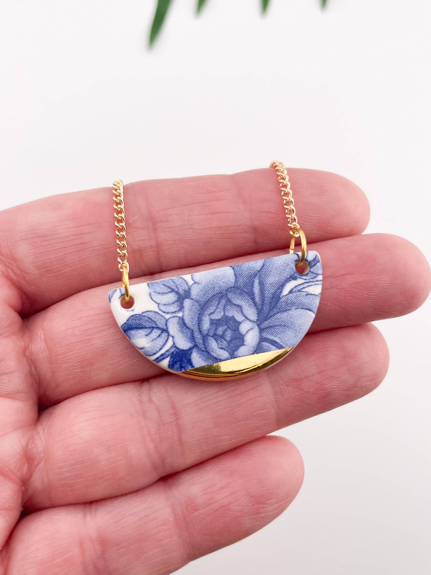 Blue China Semi Circle Pendant necklace with gold tip