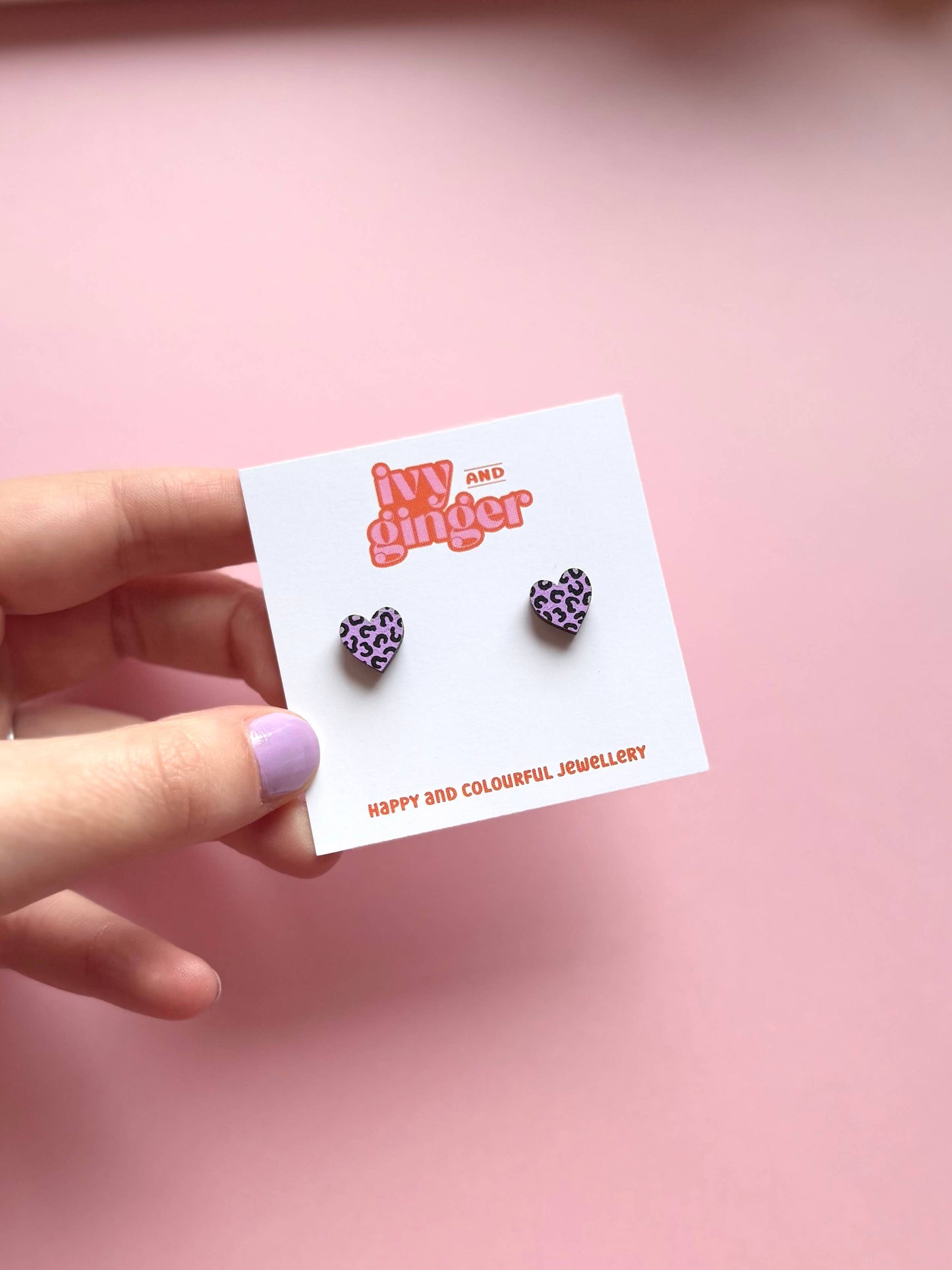 Mini lilac and black leopard print heart stud earrings