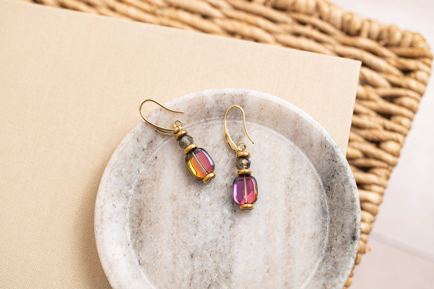 Gist Hematite, Glass & crystal drop earrings in purple and gunmetal