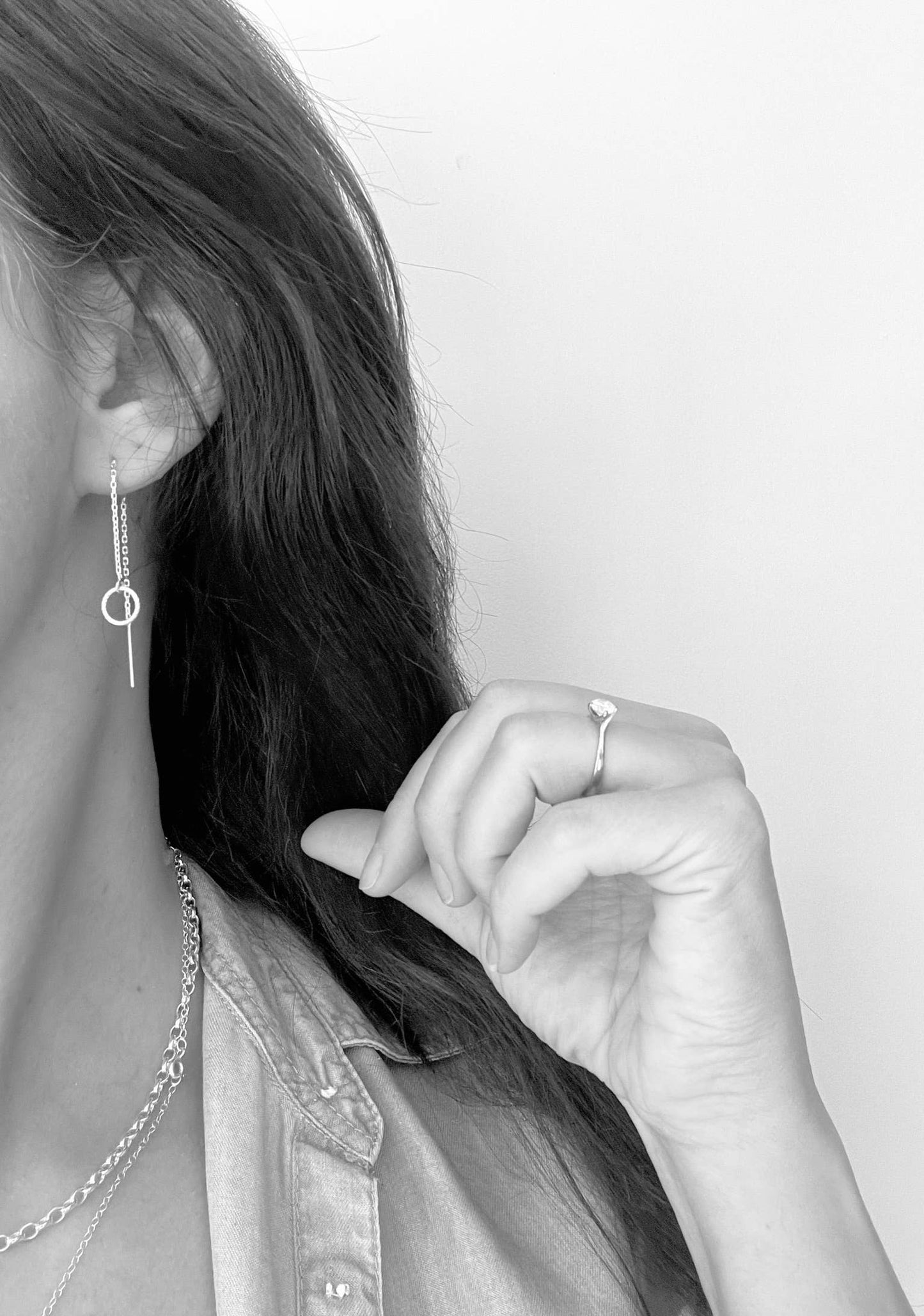 Circle chain threader earrings, sterling silver