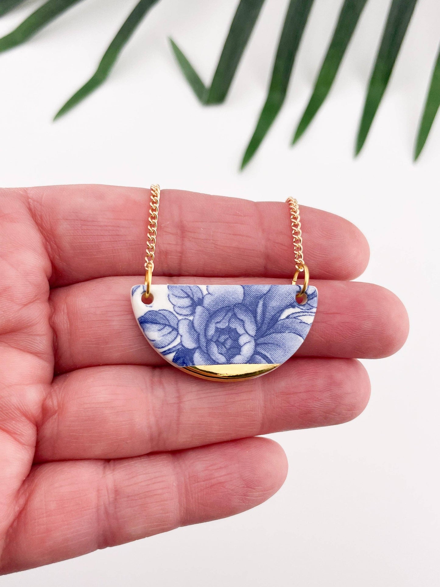 Blue China Semi Circle Pendant necklace with gold tip