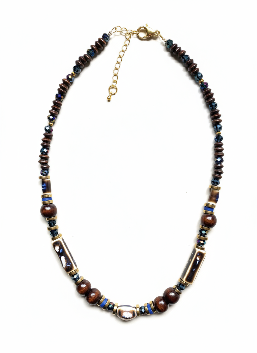 Gist Porcelain, coconut, dyed wood, clay and crystal necklace