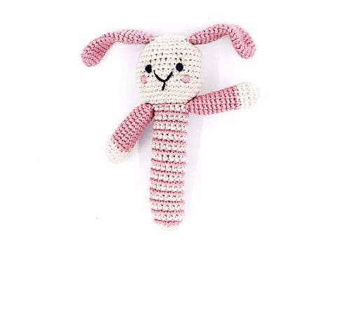 Crochet Baby Toy Stick rattle - bunny dusky pink