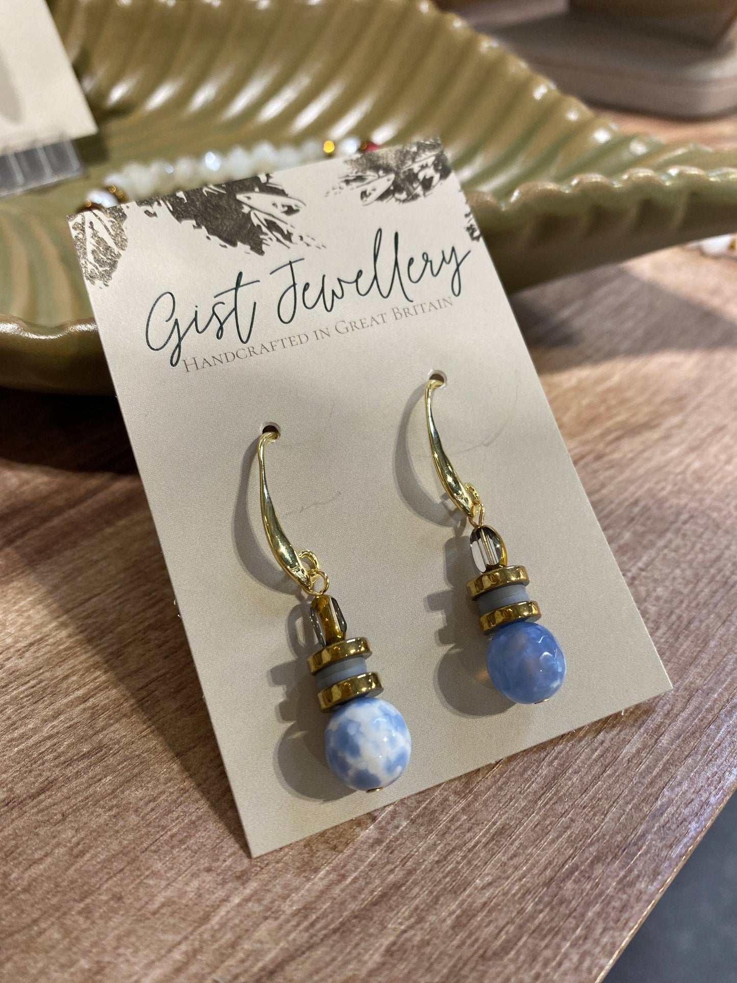 Gist Pale Blue Colored Natural Fire Crackle Agate, gold plated hematite and glass earrings