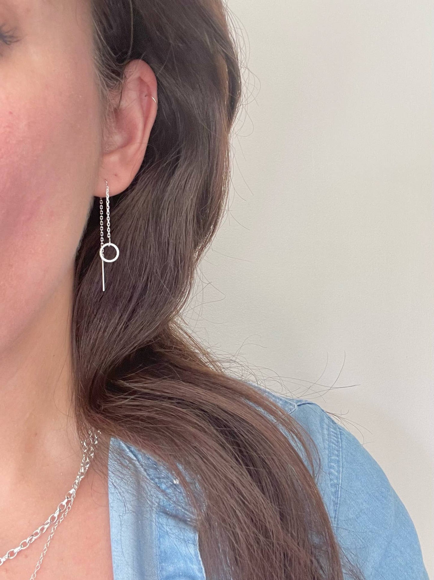 Circle chain threader earrings, sterling silver