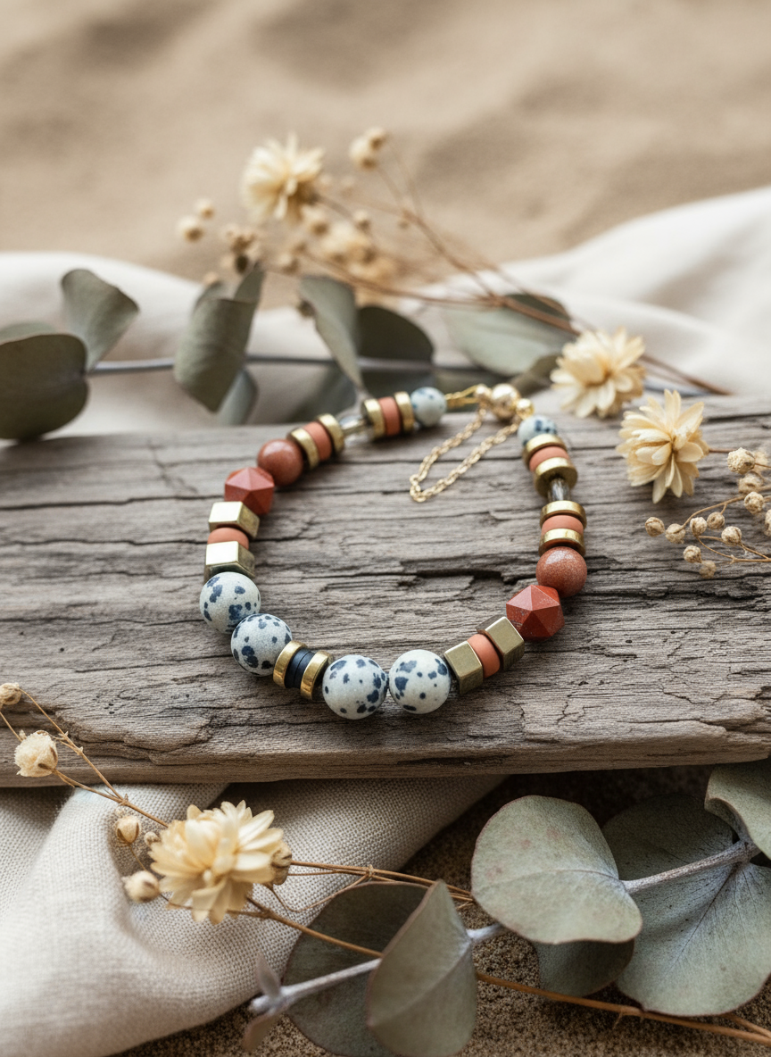 Gist - Dalmatian Jasper & Sandstone barrel bracelet