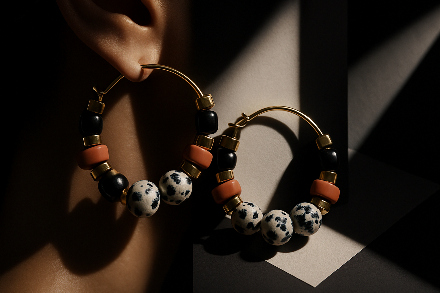 Gist Dalmatian Jasper & Sandstone barrel Hoop Earrings