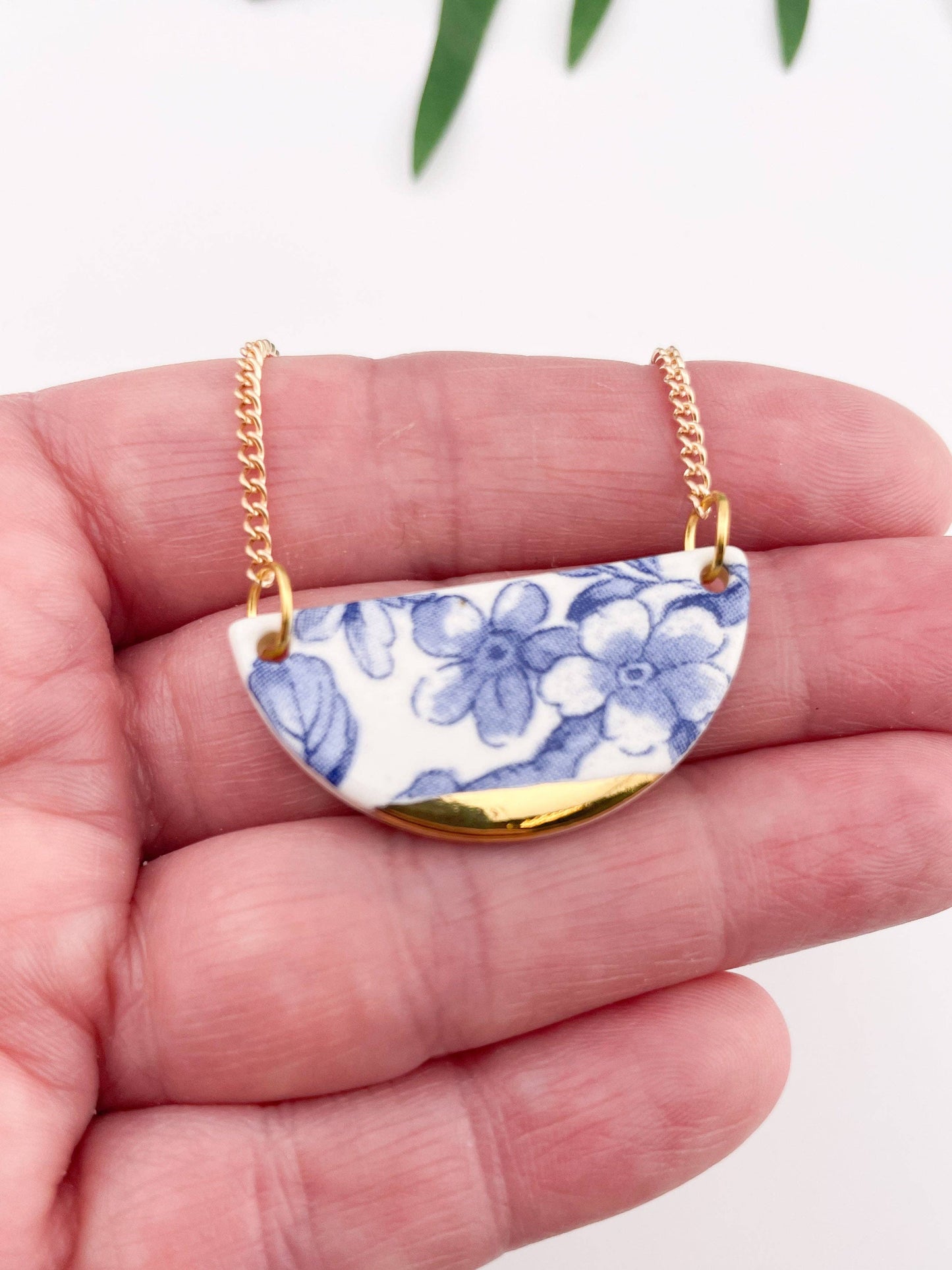 Blue China Semi Circle Pendant necklace with gold tip