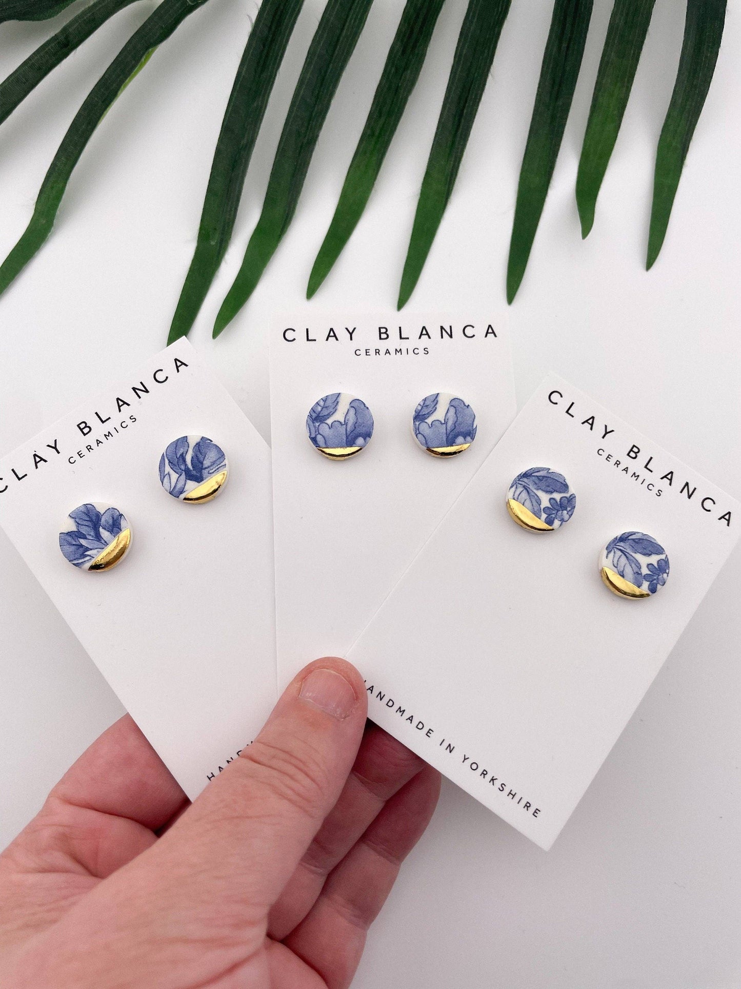 Blue China Small Round Stud earrings with gold tips
