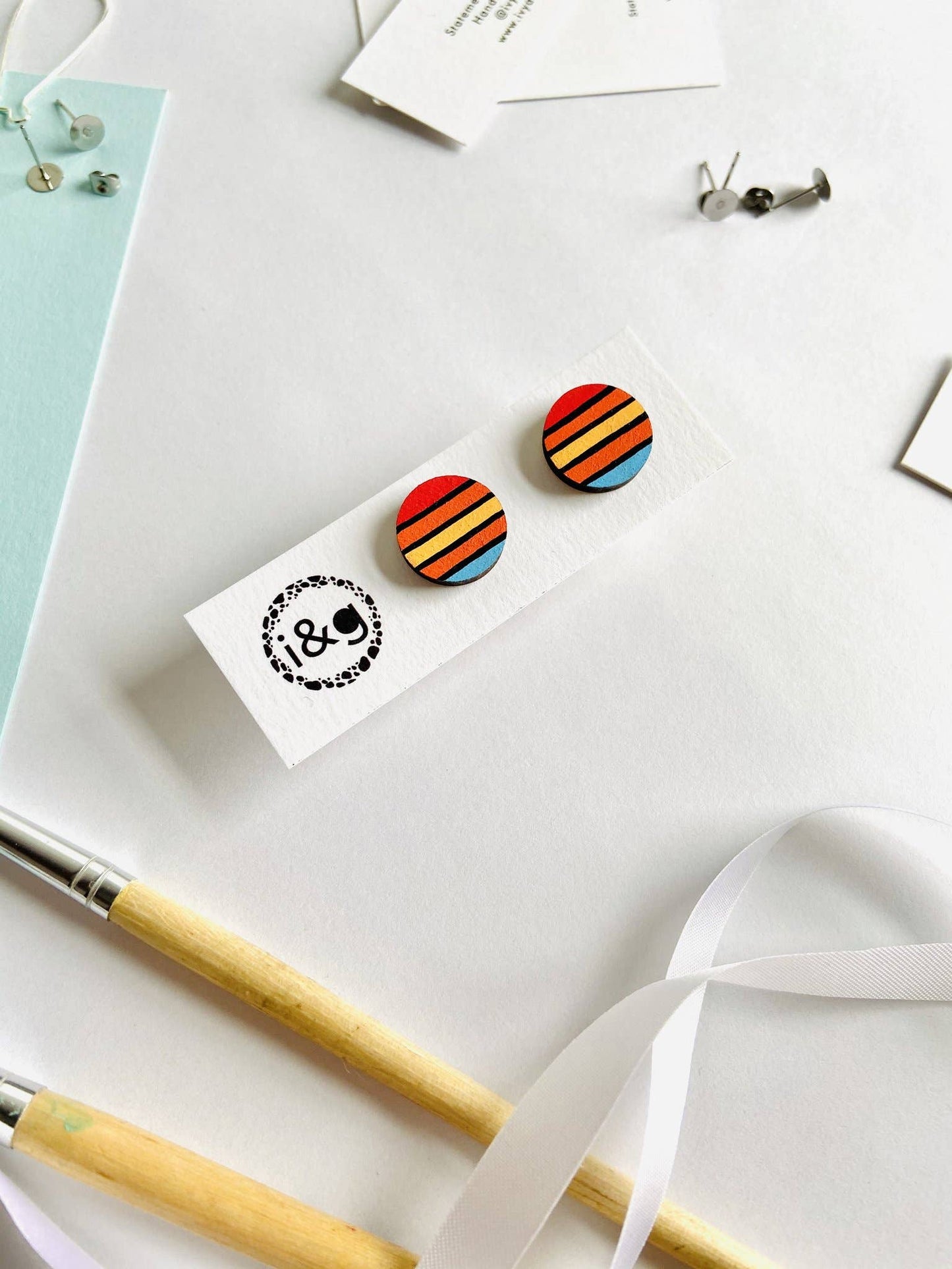 Red Stripes Midi Stud Earrings