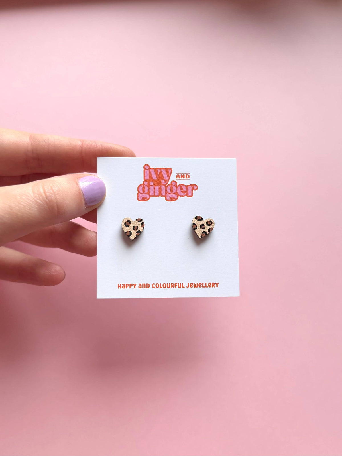 Handmade Brown Leopard Print Mini Heart Stud Earrings
