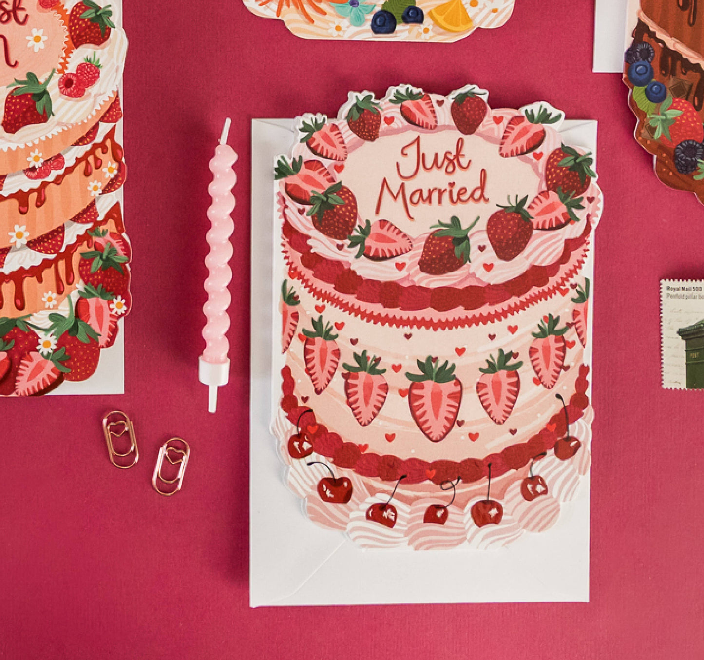 Just Married - Strawberry Wedding Cake Shaped Greeting Card